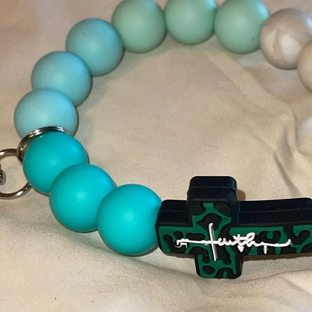 Keychain bracelet wristlet silicone beaded Faith Cross Christ Christian Leopard